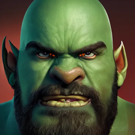 Prompt: Portrait of a warcraft orc, green skin, black beard, bald, fierce and wild look, mattepainting concept Blizzard pixar maya engine on stylized background splash comics global illumination lighting artstation lois van baarle, ilya kuvshinov, rossdraws