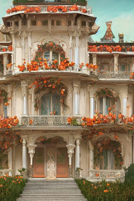 Image similar to The front of the white Rococo-style castle is full of roses, Art Nouveau Cosmic 4k Detailed Matte Illustration featured on Getty Images ,CGSociety, Jade and Carrot orange color scheme, Pastiche by Marc Simonetti, Pastiche by Cedric Peyravernay