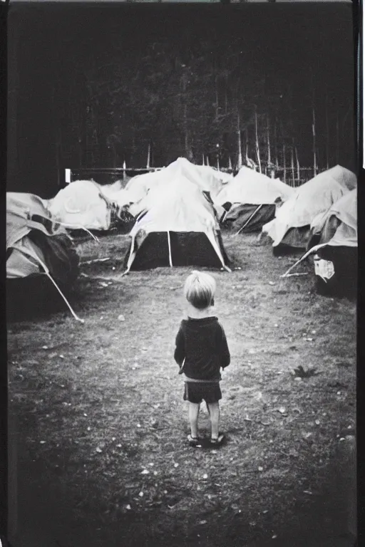 Image similar to photo polaroid of a sad and lonely child stands in the middle many tents of field hospitals, pandemic, covid,loneliness, black and white ,photorealistic, 35mm film,