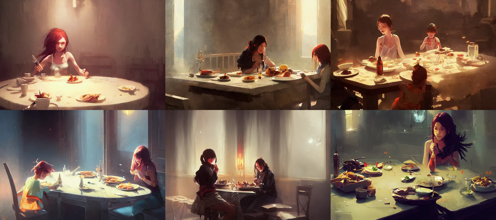 Prompt: lilymon eating dinner at a table happiness is temporary by greg rutkowski