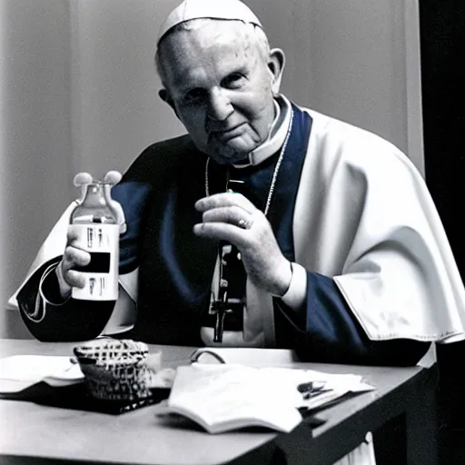 Image similar to pope john paul ii drinking a red bull