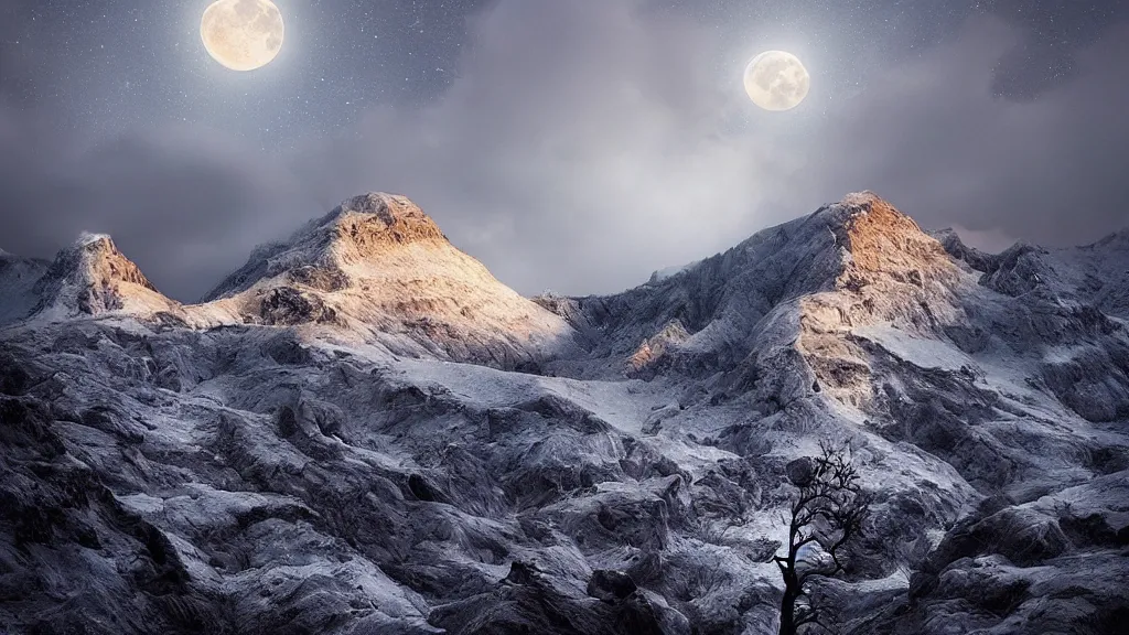 Prompt: amazing landscape photo of the moon by marc adamus, beautiful dramatic lighting