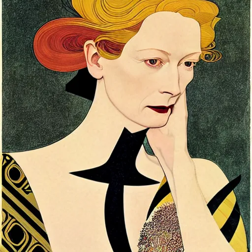 Image similar to a portrait by coles phillips of the stunningly beautiful actree, tilda swinton, mucha, kandinsky, art deco, decadence,