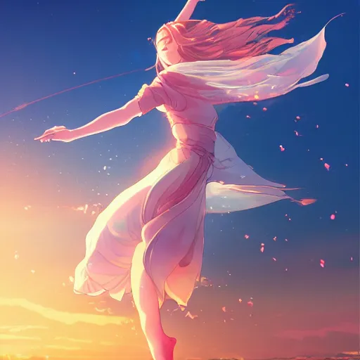 Image similar to A girl dancing on water, evokes feelings of joy, beautiful flowing fabric, sunset, dramatic angle, realistic and detailed, by studio trigger, pixiv dslr photo by Makoto Shinkai rossdraws and Wojtek Fus