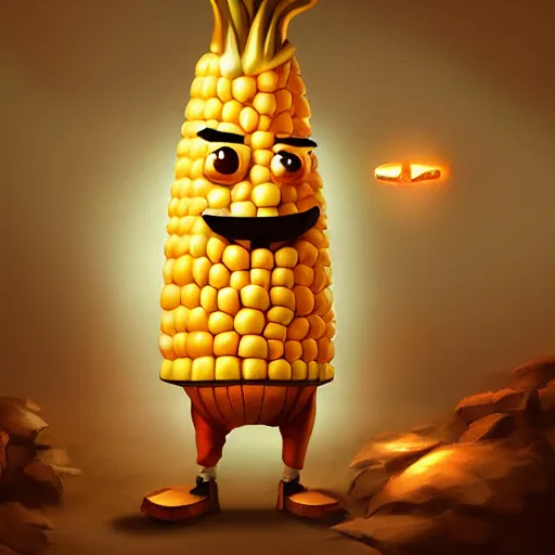 Prompt: Anthropomorphic corn cob is a video game developer working late into the night on his greatest game ever, hyperrealistic, artstation, 8k, concept art, very detailed, hd, digital painting, dramatic lighting