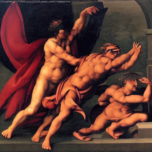 Image similar to the devil and the god, epic fight, iconic battle by raphael