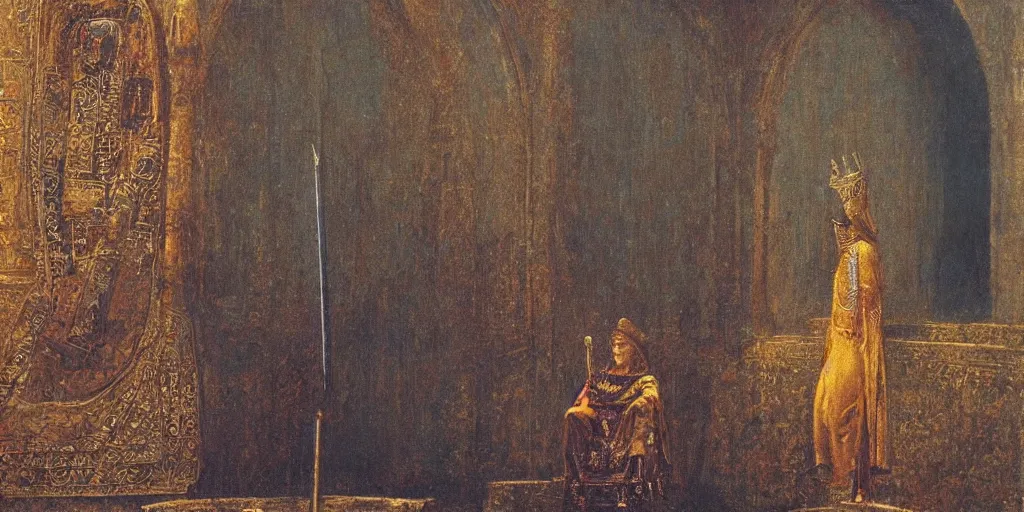 Prompt: a medieval king sitting on a golden throne leaning on a shiny sword in a palace, beksinski painting