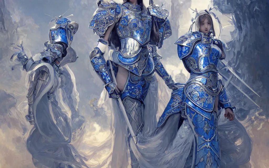 Image similar to knights of zodiac girl, chinese blue and white porcelain reflected armor, armor knight cinematic shot, in ruined agora of athens, ssci - fi and fantasy, intricate and very very beautiful and elegant, highly detailed, digital painting, artstation, concept art, smooth and sharp focus, illustration, art by tian zi and wlop and alphonse mucha