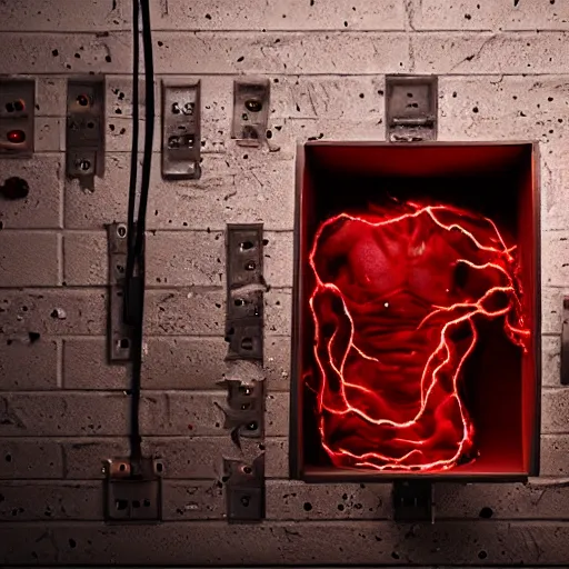 Image similar to a large box made out of human flesh, doom monster, electronic circuitry, skin, flesh!, blood, clumps of hair, lights, led, computer