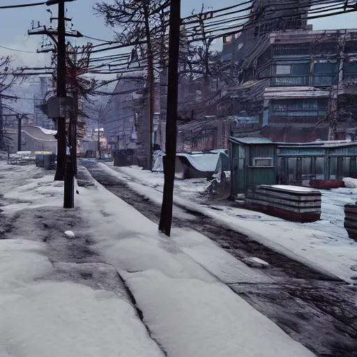 Prompt: Sapporo in the winter in ruins post-nuclear war in Fallout 4, in game screenshot