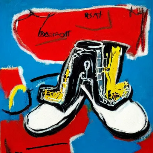 Image similar to basquiat oil painting of robot sneakers, balenciaga,