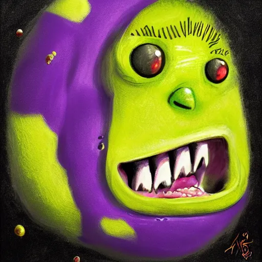 Image similar to a g. 0 ree. 0. tennis ball monster in a purple pimp coat, black and gold, digital art, fantasy, magic, chalk, trending on artstation, ultra detailed, professional illustration by basil gogos