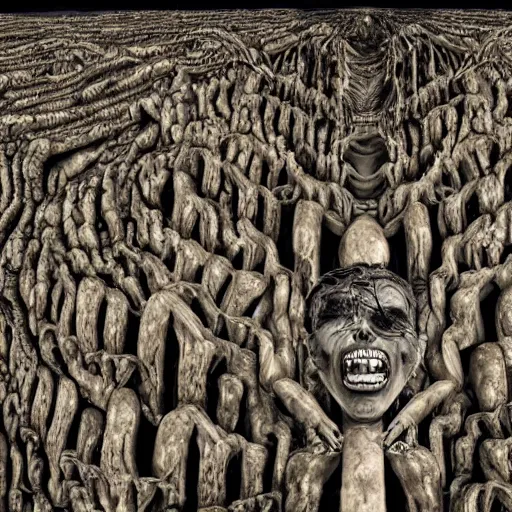 Prompt: a wide shot of a vast landscape full of huge pillars extending upwards forever and made of huge human faces with growths that are human upper bodies thrashing in horror very cinematic grotesque body horror exaggerated proportions surrealist style exquisite award winning detail