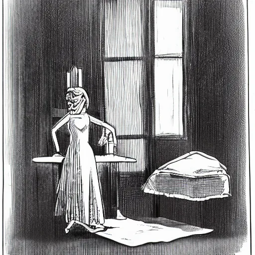 Image similar to Commercial drawing of a woman who thinks she is in an ordinary house, but clues show that she is actually in hell.