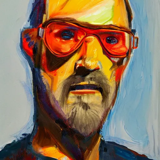 Image similar to an expressionism face portrait of Gordon freeman used with Impasto, dark oranges reds and yellows, note detailed