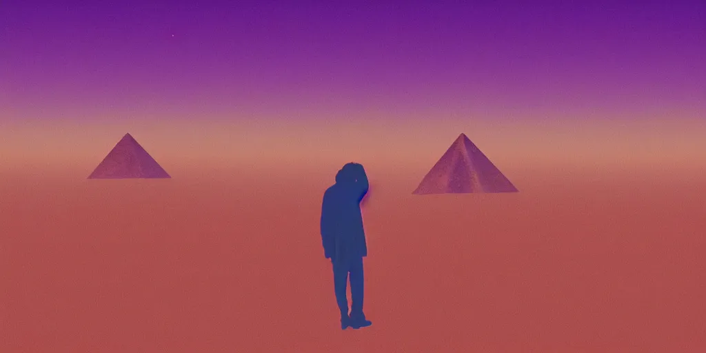 Image similar to purple digital desert, dawn, man in holographic coat, pyramids on the horizon, abstract holographic pastel, 1 9 8 0 s retro futuristic art, synthwave style, 3 5 mm photography, exposed film