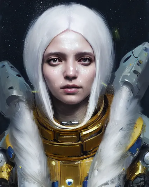 Prompt: detailed portrait white haired girl, solarpunk futuristic utopia, scifi astronaut suit, decorated with golden ornaments by Ismail inceoglu dragan bibin hans thoma greg rutkowski Alexandros Pyromallis Nekro Rene Maritte Illustrated, Perfect face, fine details, realistic shaded, fine-face, pretty face