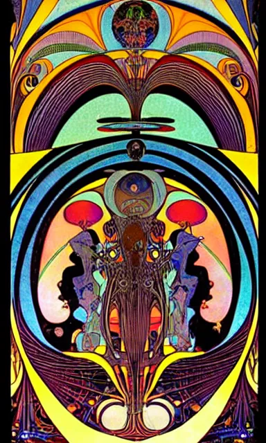 Image similar to psychedelic interdimensional futuristic musical instruments, aubrey beardsley, alphonse mucha, Charles Gesmar, winold reiss, erte, paul laffoley, leonardo da vinci, philippe druillet, roger dean