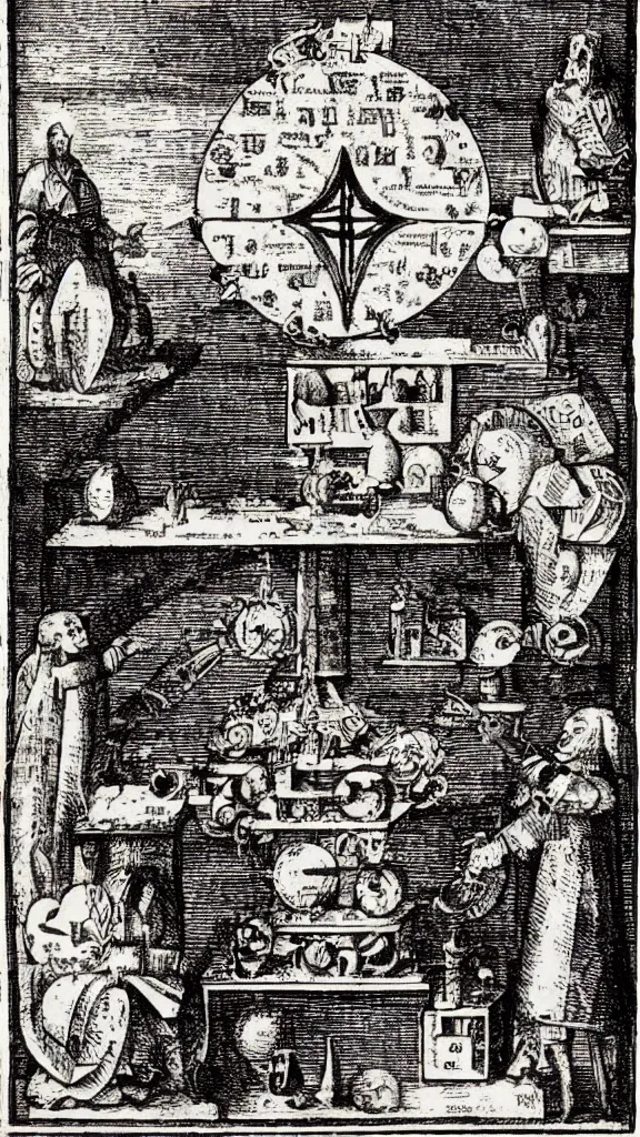 Prompt: esoteric etching print of an alchemists laboratory, amphitheatrum sapientiae aeternae, 1 5 9 5, kodachrome photo