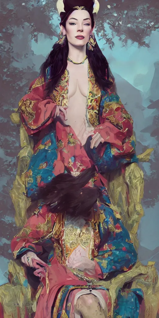 Prompt: Portrait of Stoya as a oriental queen on her throne in the forets, by Sergey Kolesov, trending on Artstation, 8k, masterpiece, graffiti paint, dishonored, fine detail, full of color, intricate detail