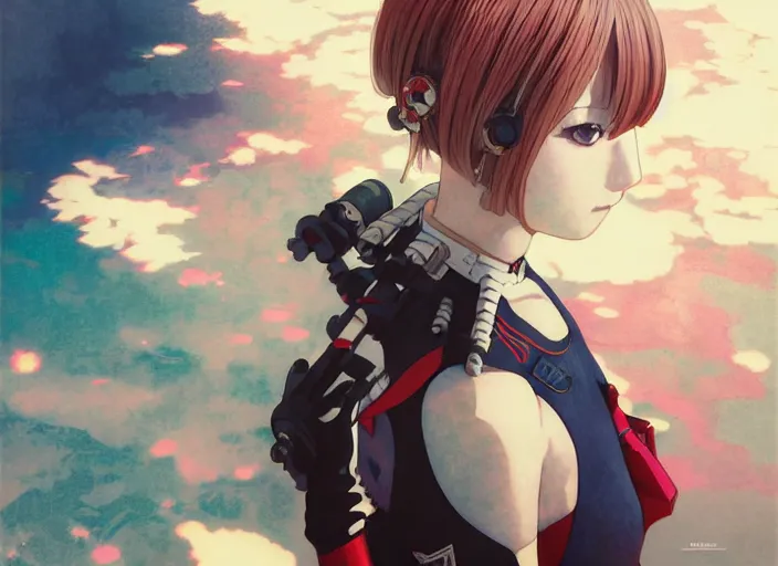 Image similar to last exile, editorial illustration colorful, anime portrait of shiina ringo, murata range, manga, ilya kuvshinov, fine texture, realistic shading, fine details, matte colors, dramatic lighting, dynamic composition, mucha, moody, vivid, volumetric, stippled lighting, cinematic