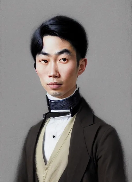 Prompt: a portrait of a young asian man with a crooked nose in victorian clothing, confident pose, intricate, elegant, sharp focus, illustration, highly detailed, concept art, matte, trending on artstation, anime, art by james jean and artgerm and brian despain and alberto mielgo, greg rutkowski, wlop, ilya kuvshinov, strong strokes