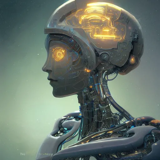 Prompt: a portrait of a robot, brain from crystals, glowing halo, fantasy, hi-tech, cables, intricate, elegant, highly detailed, digital painting, artstation, concept art, smooth, sharp focus, art by anthony macbain + greg rutkowski + alphonse mucha, concept art, 4k, sharp focus, cinematic unreal engine