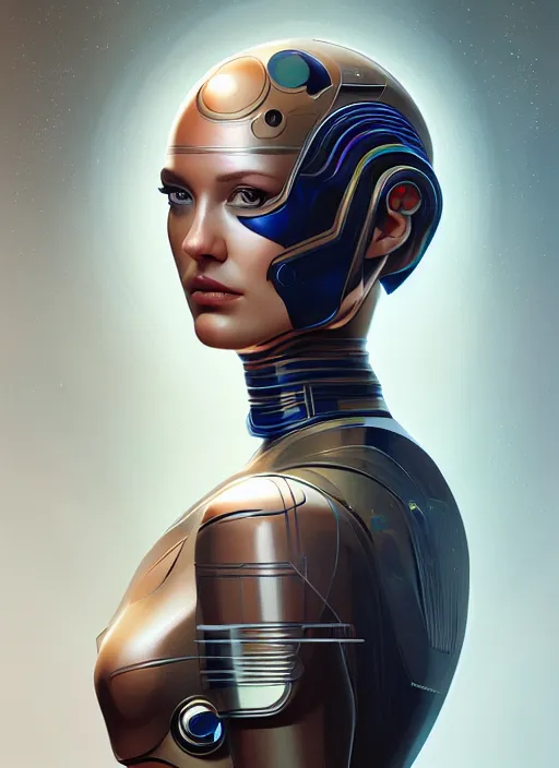 Image similar to portrait of female android, symmetry, intricate, elegant, highly detailed, smooth, sharp focus, concept art, digital painting, illustration, artstation, by fra angelico, sandra chevrier and greg ruthkowski