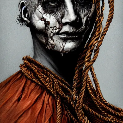 Image similar to portrait of a Shibari rope wrapped face and neck, headshot, insanely nice professional hair style, dramatic hair color, digital painting, of a old 17th century, old cyborg merchant, mouth wired shut, amber jewels, baroque, ornate clothing, scifi, realistic, hyperdetailed, chiaroscuro, concept art, art by Franz Hals and Jon Foster and Ayami Kojima and Amano and Karol Bak,