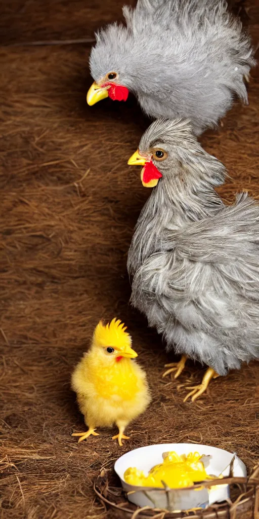 Prompt: a small yellow fuzzy newly hatched Chick with her miniature birthday cake in a barnyard with a Rhode island red rooster watching, highly detailed, dlsr