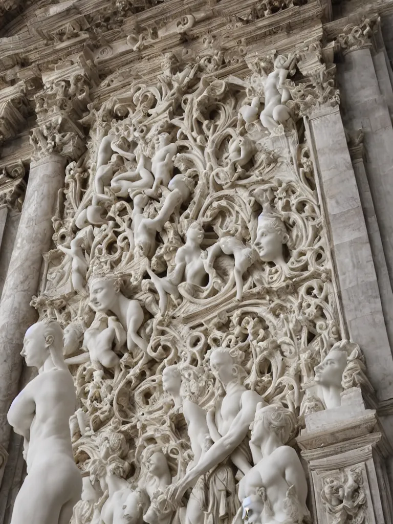 Image similar to Epic view of intricate stained statue with symmetrical multi-directional globin faces looking to all sides using a velvet veil statue sculpted on white marble by Antonio Corradini and Bernini