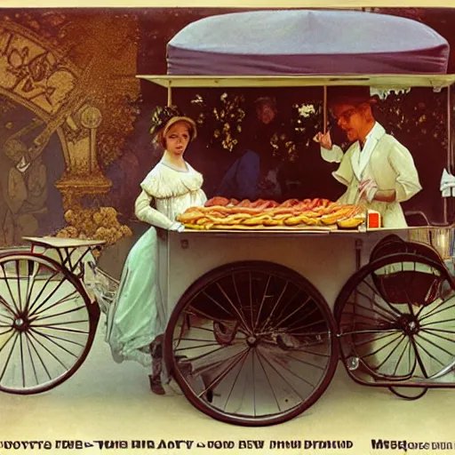 Prompt: a Hot-Dog-Cart selling in new york city art by alphonse mucha and Monia Merlo and Raymond Swanland