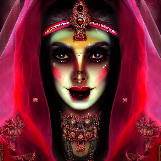 Image similar to beautiful Hindu queen of the dark with veil, in darkness, cover with blood, horror terrifying, soft light, surreal realistic, photorealistic, hyper details, full HD, 8k!