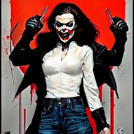 Image similar to Rafael Albuquerque art, Norman Rockwell, pretty Margot Robbie vampire sharp teeth evil smile, holding handgun, symmetrical face symmetrical eyes, leather jacket, jeans