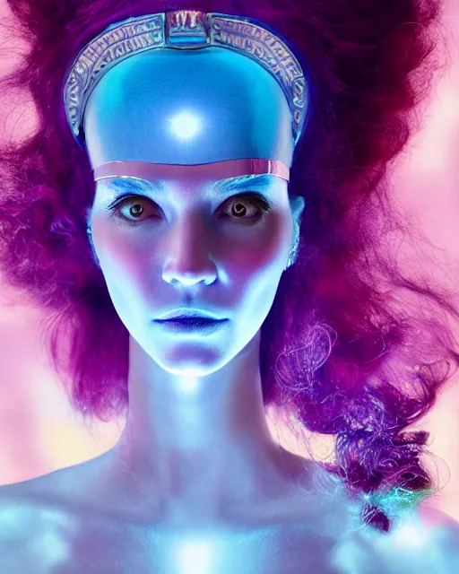 Image similar to natural light, soft focus portrait of an android with soft synthetic pink skin, blue bioluminescent plastics, smooth shiny metal, elaborate ornate head piece, piercings, skin textures, by annie liebovotz, paul lehr