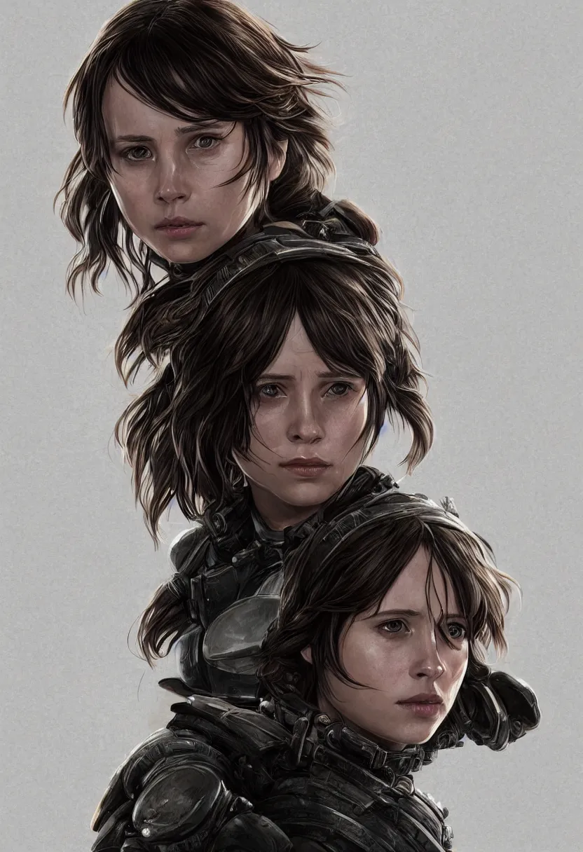 Prompt: movie poster of gorgeous jyn erso in sheer samurai armor, by calum alexander watt, portrait, profile posing, perfect anatomy, character portrait, full body, hyper photorealistic, insane detail, digital photography, artstation, concept art