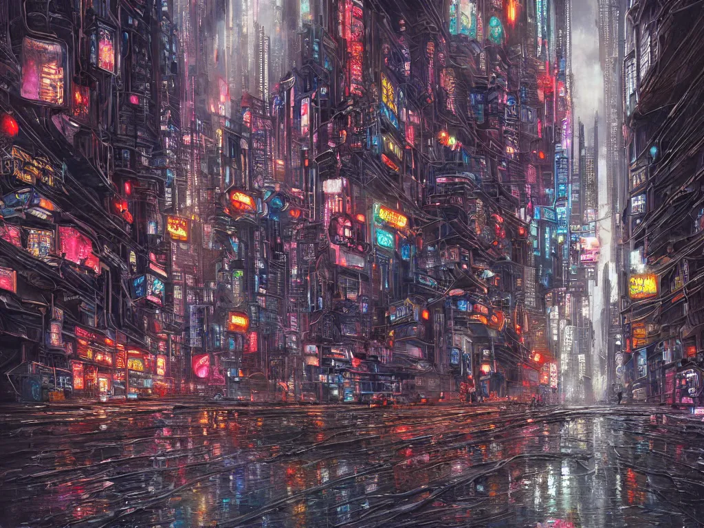 Prompt: hyperreaslitc and beautiful painting of a rushing and flowing heart of the city, gritty, smooth, fine detail, intricate, cyberpunk style, by hugh ferris and john smith