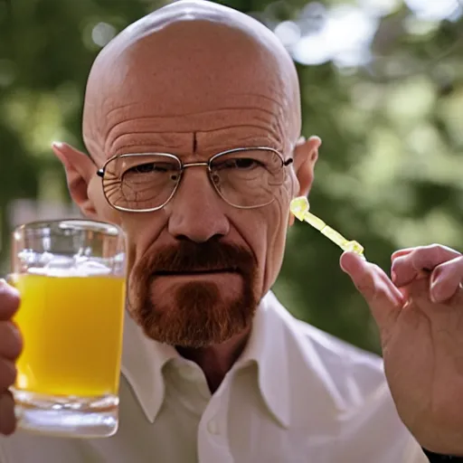 Prompt: walter white drinking apple juice, photography,