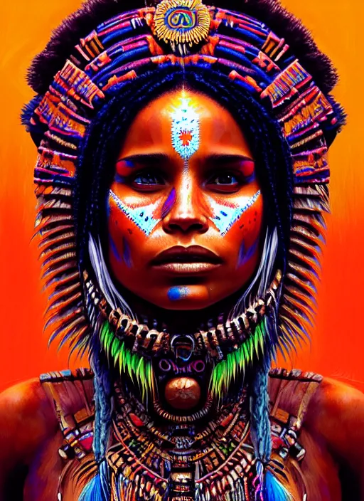 Image similar to portrait of zoe kravitz, hyper detailed ultra sharp aztec shaman warrior. trending on artstation, warpaint aesthetic, bloodwave, colorful, psychedelic, ornate, intricate, digital painting, concept art, smooth, sharp focus, illustration, art by artgerm and greg rutkowski and h. r. giger, 8 k