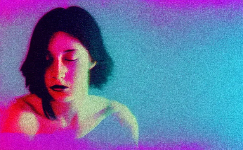 Prompt: vhs glitch art of a woman hidden underneath a transluscent sheet, horror, moody, aesthetic, vcr, 8 0 s analog, static colorful noise glitch