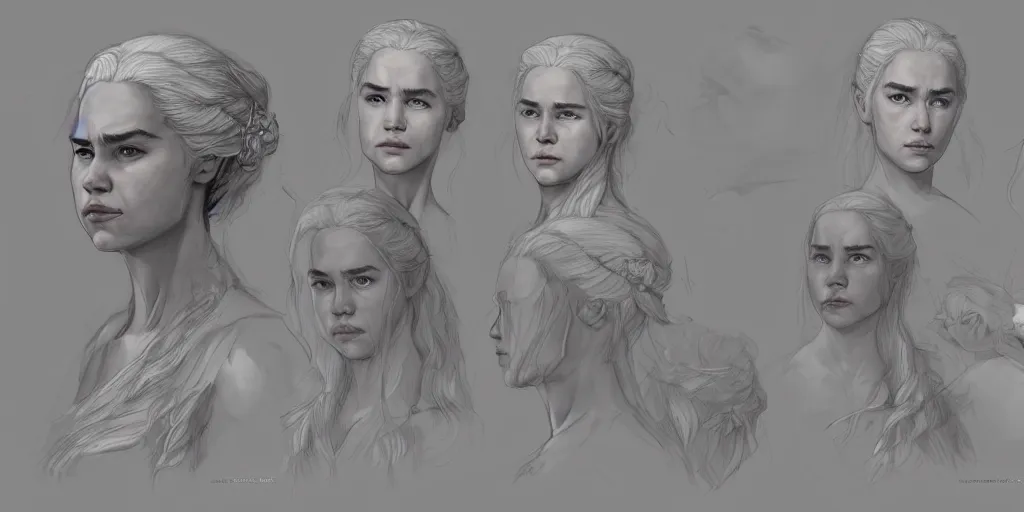 Image similar to daenerys targaryen, face study, character sheet, concept design, contrast, kim jung gi, greg rutkowski, zabrocki, karlkka, jayison devadas, trending on artstation, 8 k, ultra wide angle, pincushion lens effect