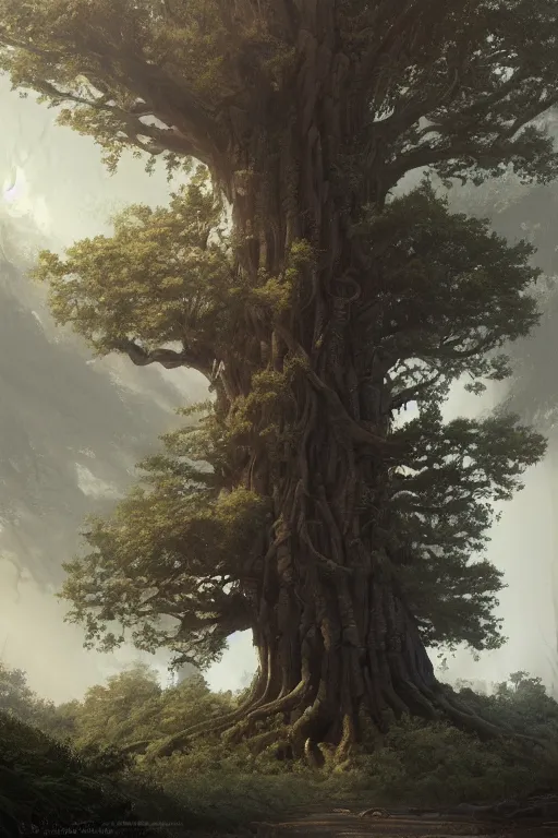 Prompt: a beautiful and detailed matte painting of a massive, tall, rich tree, digital art, painted by greg rutkowski