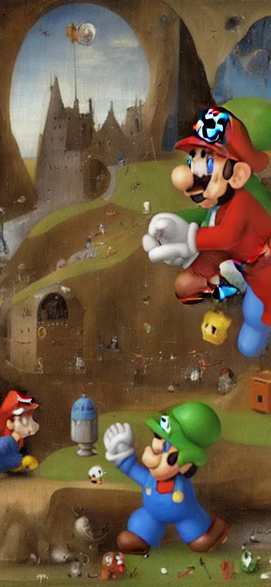 Prompt: detailed digital oil painting by hieronymus bosch of a scene from super mario bros