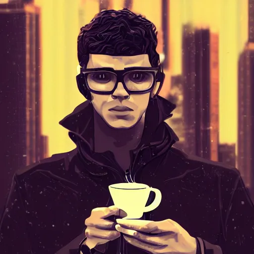 Image similar to portrait of a handsome startup CEO having a cup of coffee. cyberpunk style, digital art