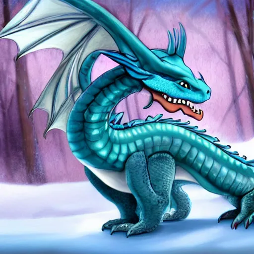 Prompt: HD, cartoon ,anthropomorphic, chubby female dragon , blue scales. playing in the snow