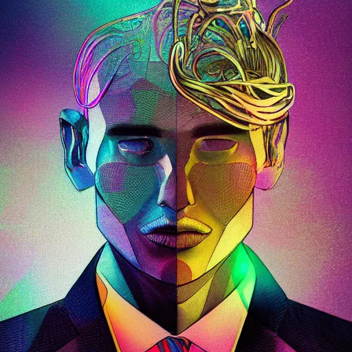 Image similar to the head of a sophisticated, elegant, handsome man partially made of rainbows, an ultrafine detailed illustration by james jean, final fantasy, intricate linework, bright colors, behance contest winner, vanitas, angular, altermodern, unreal engine 5 highly rendered, global illumination, radiant light, detailed and intricate environment