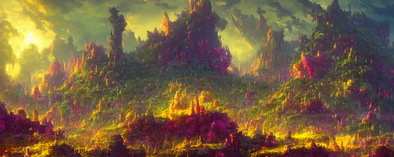 Image similar to ” otherwordly whimsical landscape, [ cinematic, detailed, epic, widescreen, opening, establishing, mattepainting, photorealistic, realistic textures, octane render, art by paul lehr ] ”