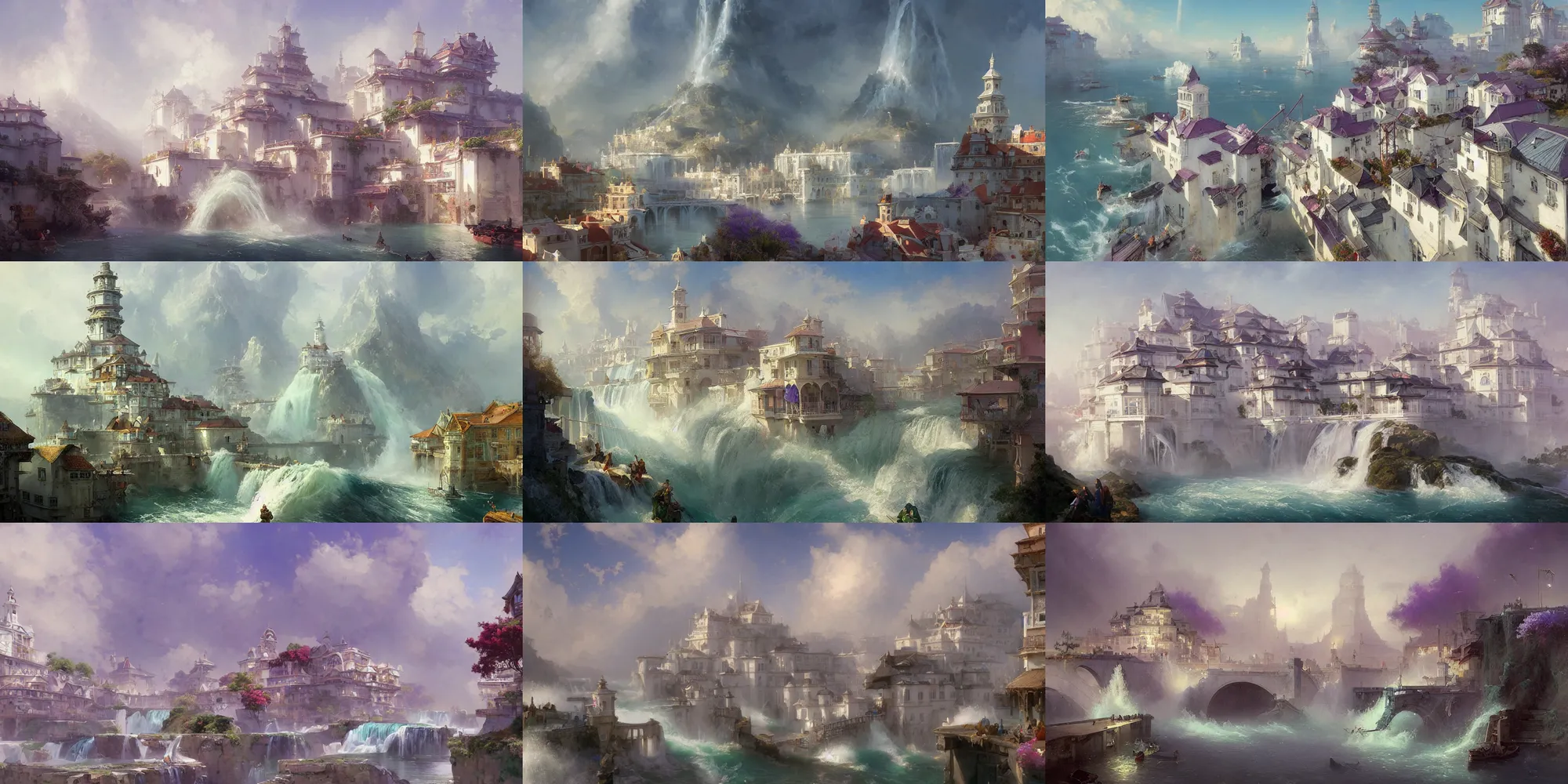 Prompt: port city with waterfalls, white buildings with lavender color roofs, bridges, lilac bushes, beaux arts architecture, fantasy, art by joseph leyendecker, peter mohrbacher, ivan aivazovsky, ruan jia, reza afshar, marc simonetti