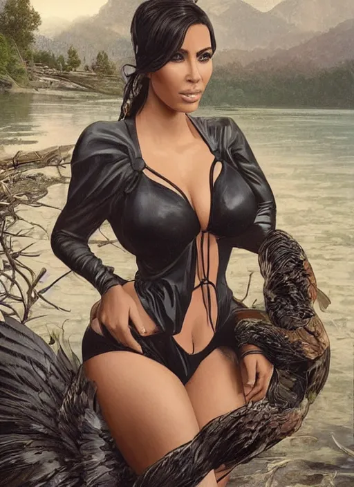 Image similar to candid photo of kim kardashian wearing a hooters outfit, sat by a lake, intricate, elegant, highly detailed, digital photo, artstation, concept art, smooth, sharp focus, illustration, art by artgerm and greg rutkowski and alphonse mucha