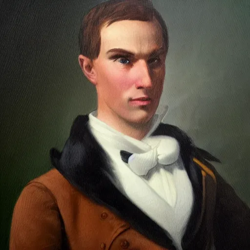 Image similar to An early 1800s oil painting of Jerma985 in the early 1800s, grainy, realistic, very realistic, hyperrealistic, highly detailed, very detailed, extremely detailed, very neat, very epic, very cool, detailed, trending on artstation